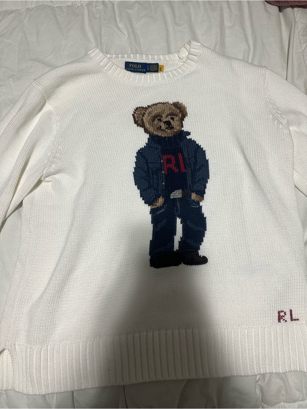 Polo by Ralph Lauren White Crewneck Sweater with Bear Motif